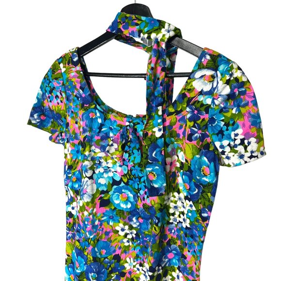 Vintage 60s Handmade Barkcloth Blue Floral Short Sleeve Full Length Dress Medium - Picture 2 of 9